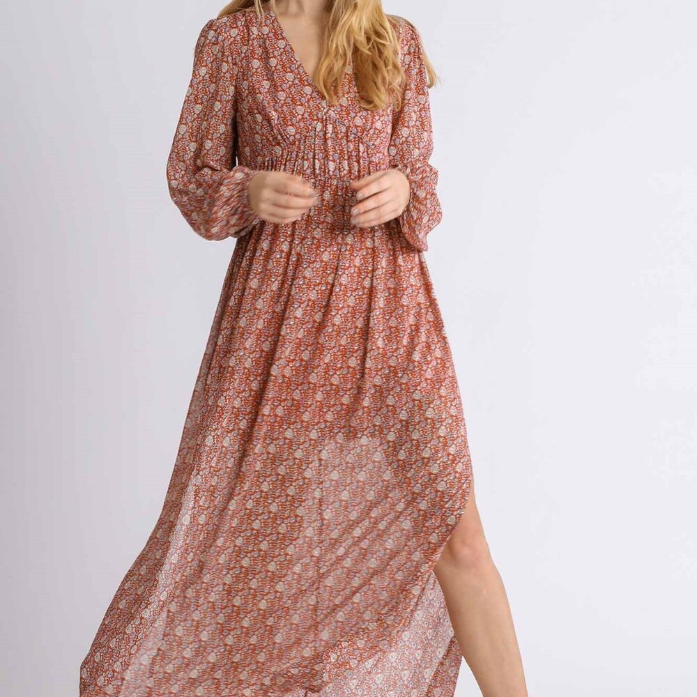 Umgee Sheer Floral Gold Glitter Maxi Dress